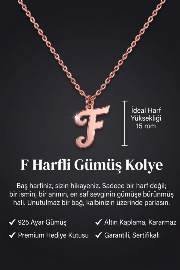 F Harfi 925 Ayar Gümüş Kolye | 18 Ayar Vermeil Premium Rose Altın Kaplama