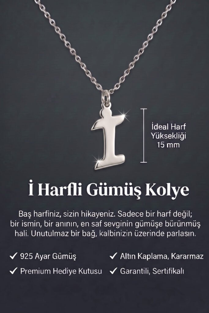 İ Harfi 925 Ayar Gümüş Kolye | 18 Ayar Vermeil Premium Beyaz Altın Kaplama