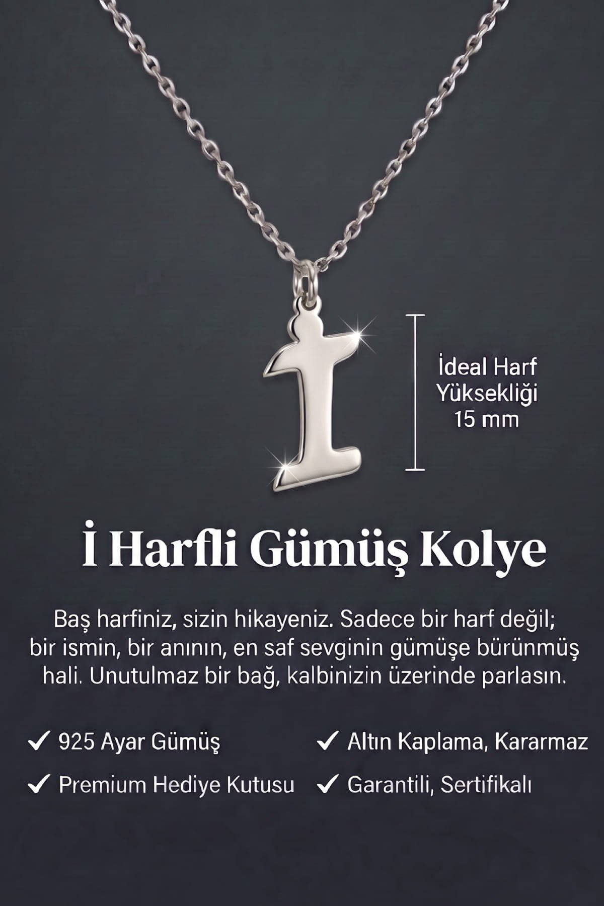 Jewelmim İ Harfi Beyaz Altın Kaplama Gümüş Kolye Görünüm Detay Çekimi, doğum günü gümüş kolye hediyesi, özel tasarım gümüş kolyeler