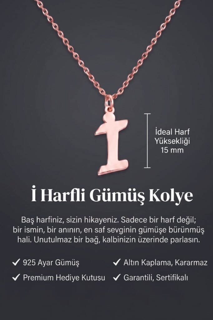 İ Harfi 925 Ayar Gümüş Kolye | 18 Ayar Vermeil Premium Rose Altın Kaplama