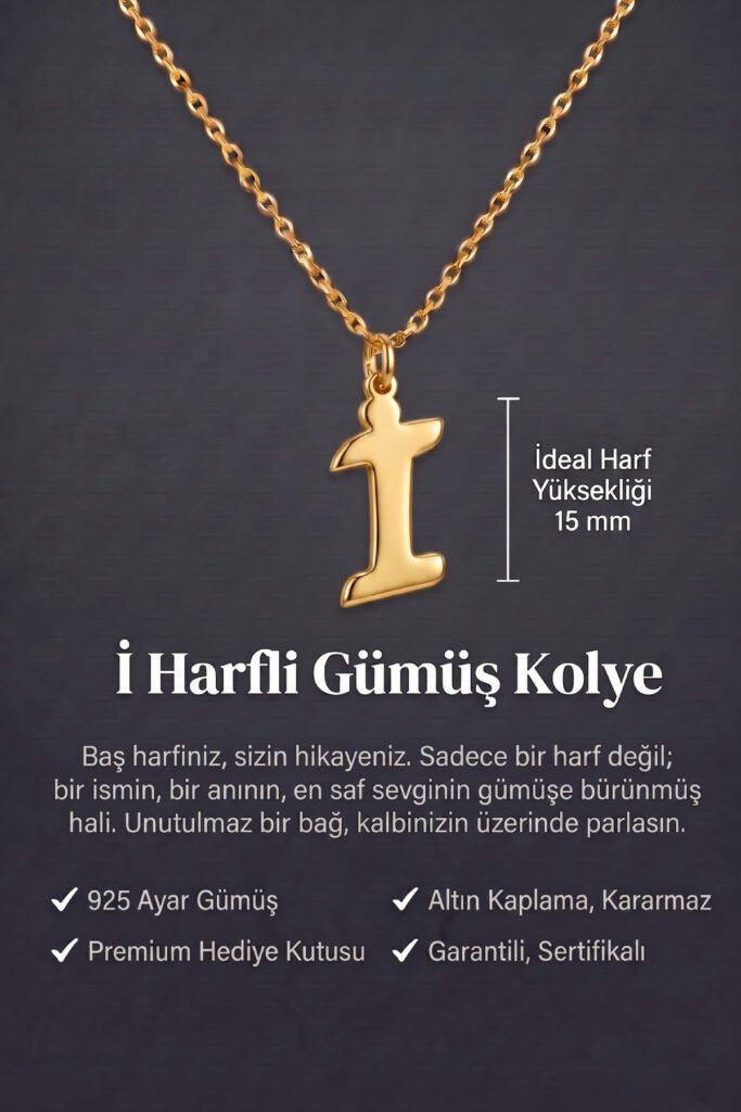 İ Harfi 925 Ayar Gümüş Kolye | 18 Ayar Vermeil Premium Sarı Altın Kaplama