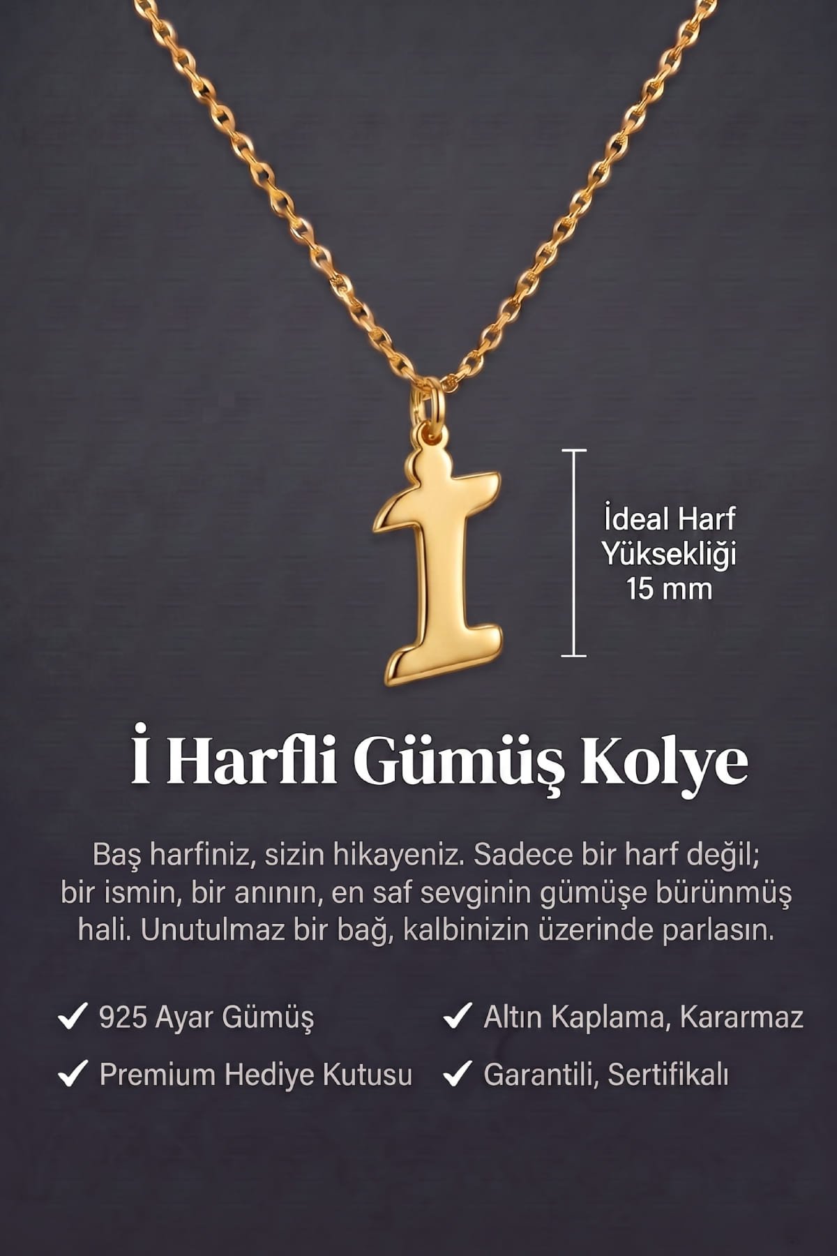 Jewelmim İ Harfi Sarı Altın Kaplama Gümüş Kolye Görünüm Detay Çekimi, doğum günü gümüş kolye hediyesi, özel tasarım gümüş kolyeler