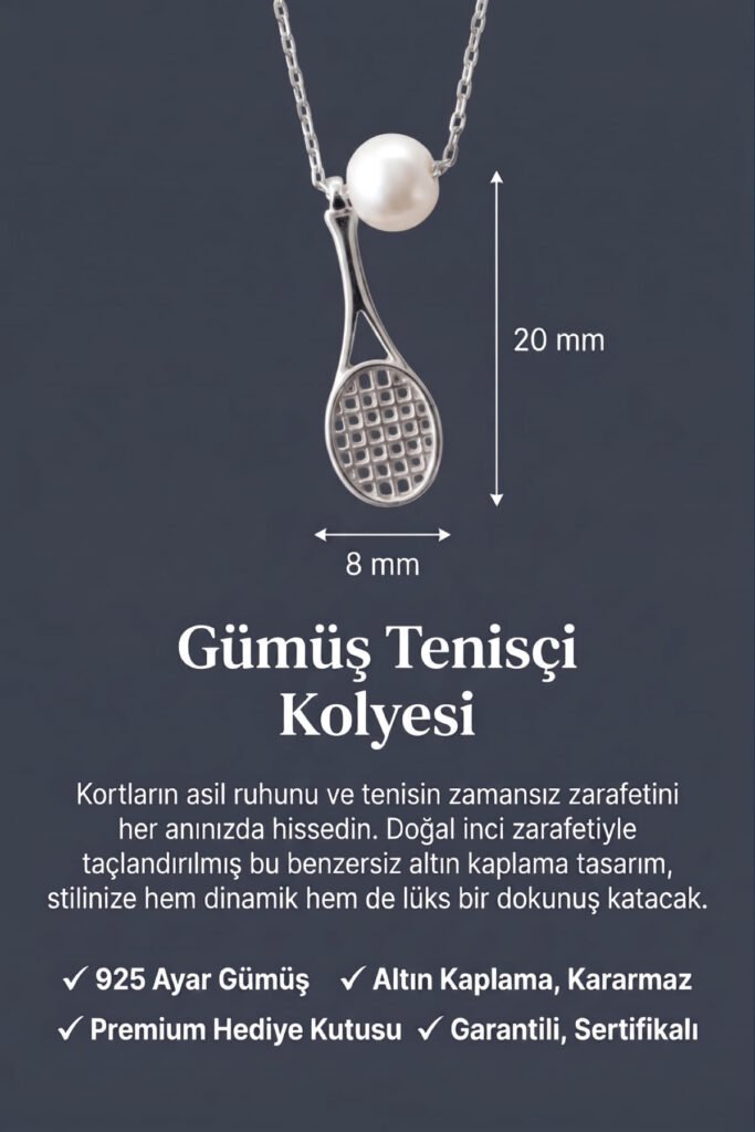 İnci Tenis Topu ve Raket 925 Ayar Gümüş Kolye | 18 Ayar Vermeil Premium Beyaz Altın Kaplama