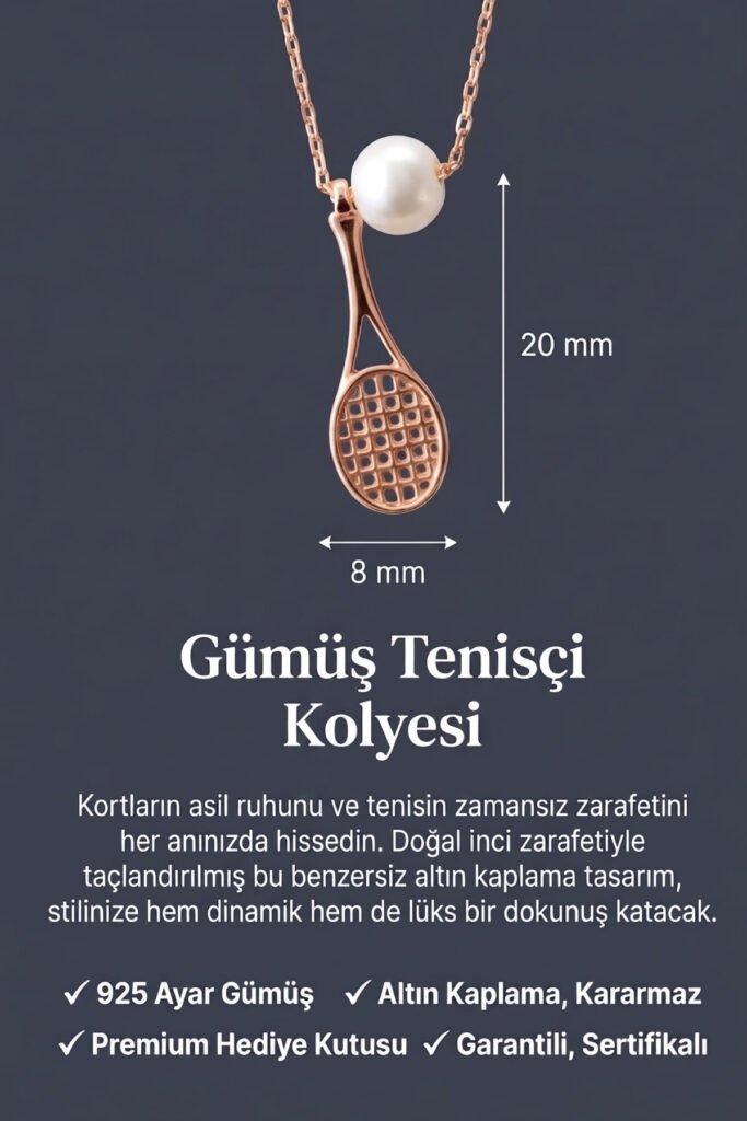 İnci Tenis Topu ve Raket 925 Ayar Gümüş Kolye | 18 Ayar Vermeil Premium Rose Altın Kaplama