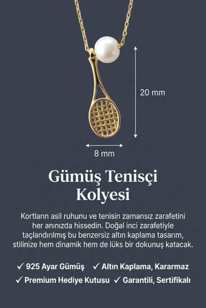 İnci Tenis Topu ve Raket 925 Ayar Gümüş Kolye | 18 Ayar Vermeil Premium Sarı Altın Kaplama