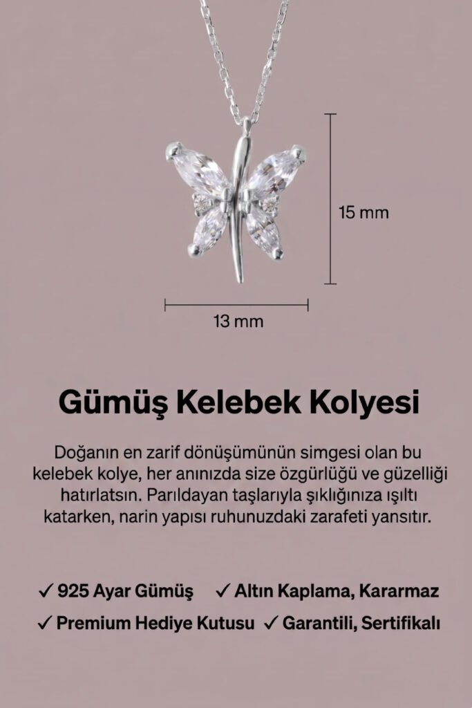 Işıltılı Kelebek 925 Ayar Gümüş Kolye | 18 Ayar Vermeil Premium Beyaz Altın Kaplama