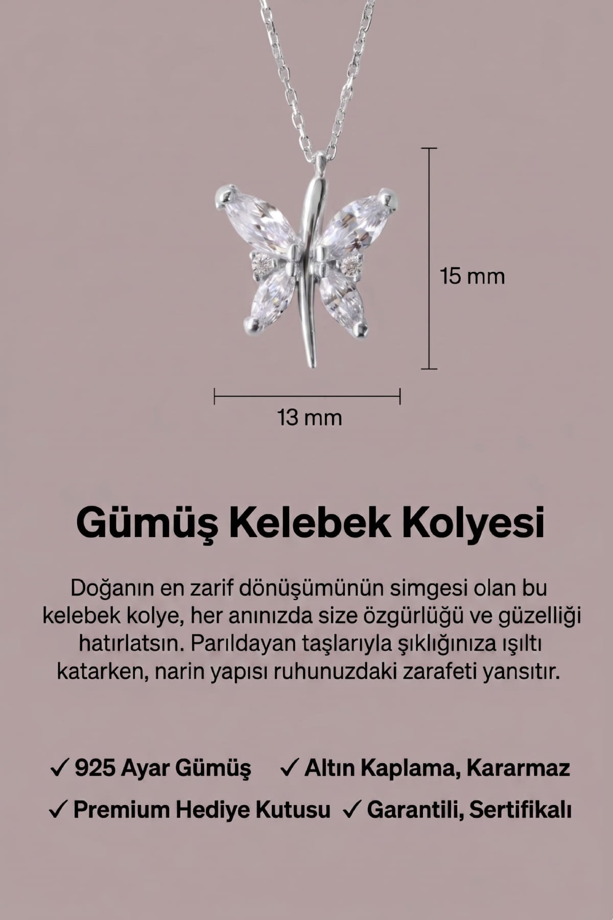 Jewelmim Işıltılı Kelebek Beyaz Altın Kaplama Gümüş Kolye Duruş Detay Çekimi, anneye gümüş kolye hediyesi, zarif gümüş kolye modelleri