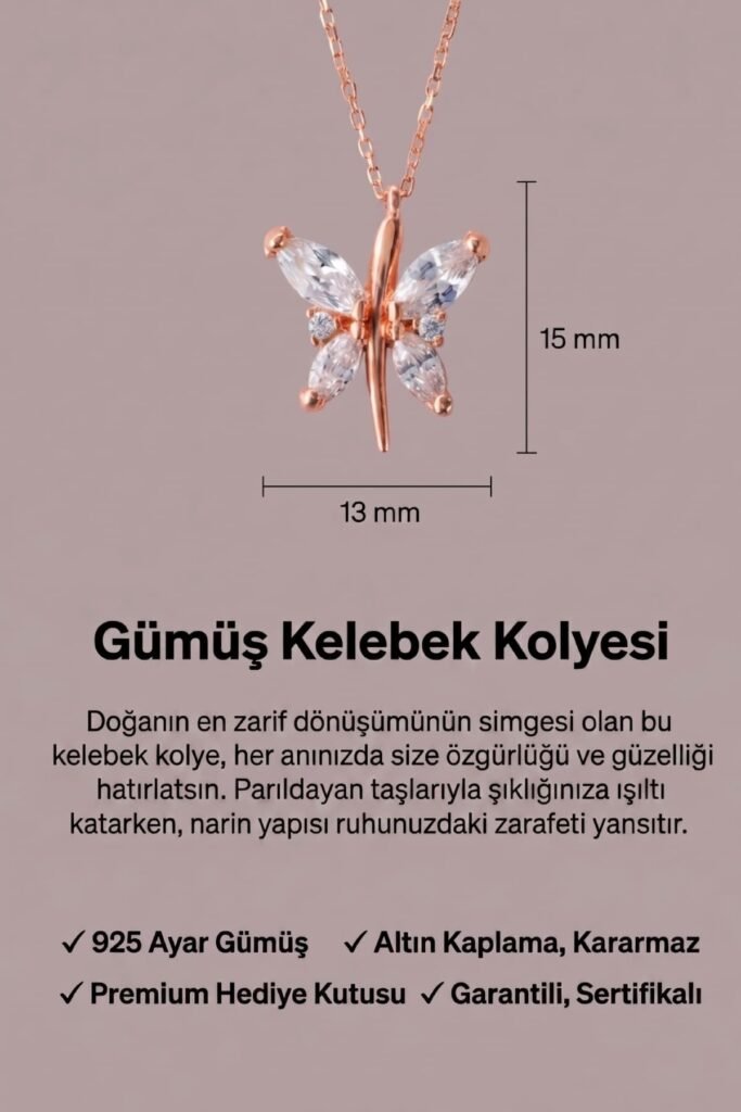 Işıltılı Kelebek 925 Ayar Gümüş Kolye | 18 Ayar Vermeil Premium Rose Altın Kaplama