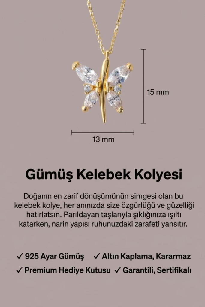 Işıltılı Kelebek 925 Ayar Gümüş Kolye | 18 Ayar Vermeil Premium Sarı Altın Kaplama