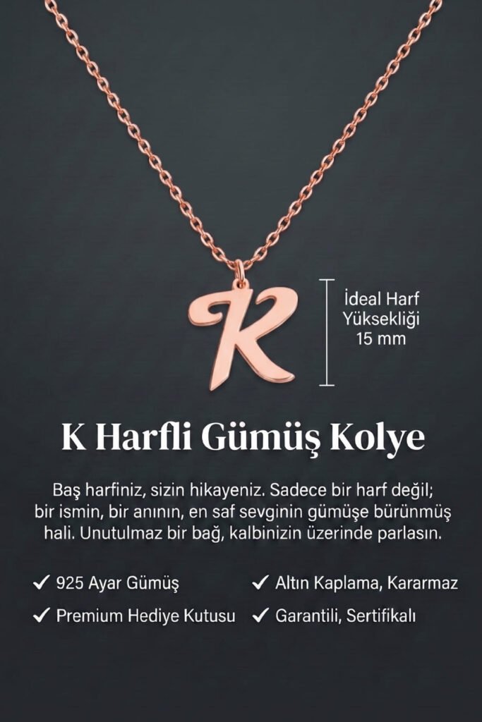 K Harfi 925 Ayar Gümüş Kolye | 18 Ayar Vermeil Premium Rose Altın Kaplama