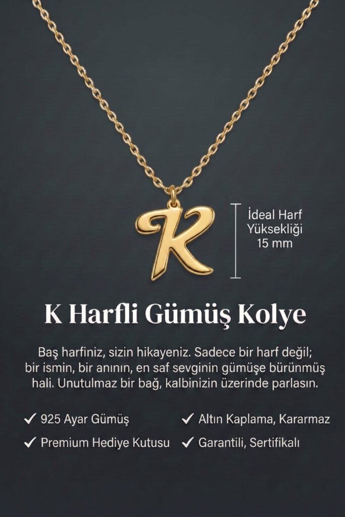 K Harfi 925 Ayar Gümüş Kolye | 18 Ayar Vermeil Premium Sarı Altın Kaplama