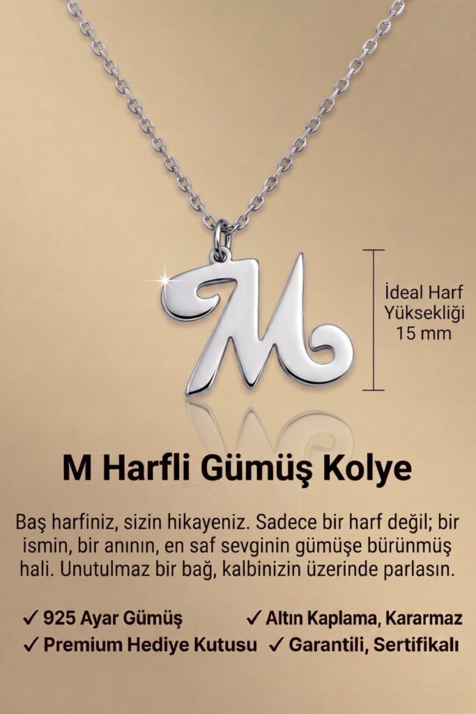 Jewelmim M Harfi Beyaz Altın Kaplama Gümüş Kolye Görünüm Detay Çekimi, doğum günü gümüş kolye hediyesi, özel tasarım gümüş kolyeler