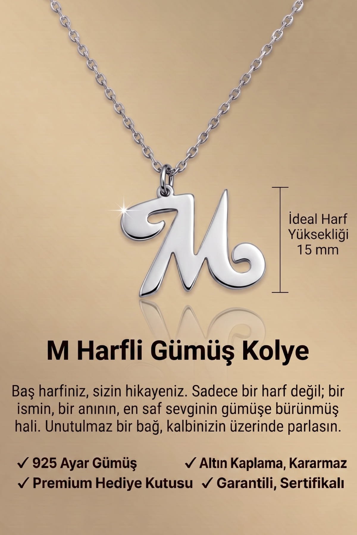 Jewelmim M Harfi Beyaz Altın Kaplama Gümüş Kolye Görünüm Detay Çekimi, doğum günü gümüş kolye hediyesi, özel tasarım gümüş kolyeler