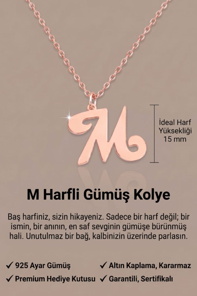 M Harfi 925 Ayar Gümüş Kolye | 18 Ayar Vermeil Premium Rose Altın Kaplama