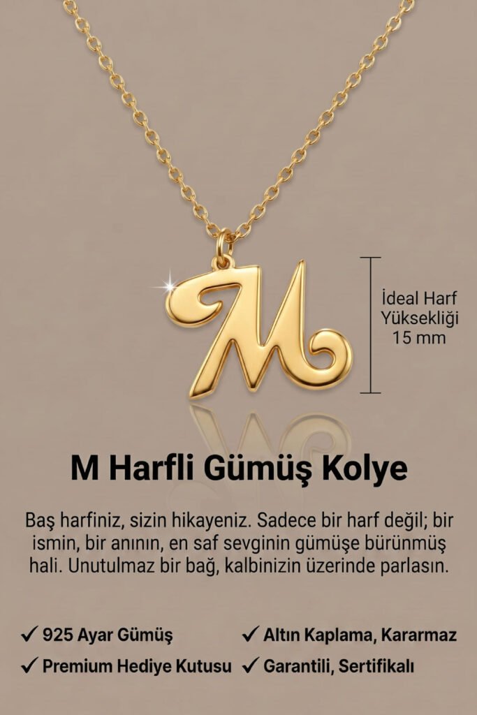 M Harfi 925 Ayar Gümüş Kolye | 18 Ayar Vermeil Premium Sarı Altın Kaplama