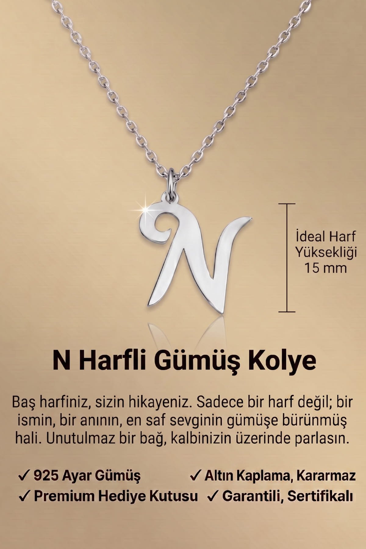Jewelmim N Harfi Beyaz Altın Kaplama Gümüş Kolye Görünüm Detay Çekimi, doğum günü gümüş kolye hediyesi, özel tasarım gümüş kolyeler