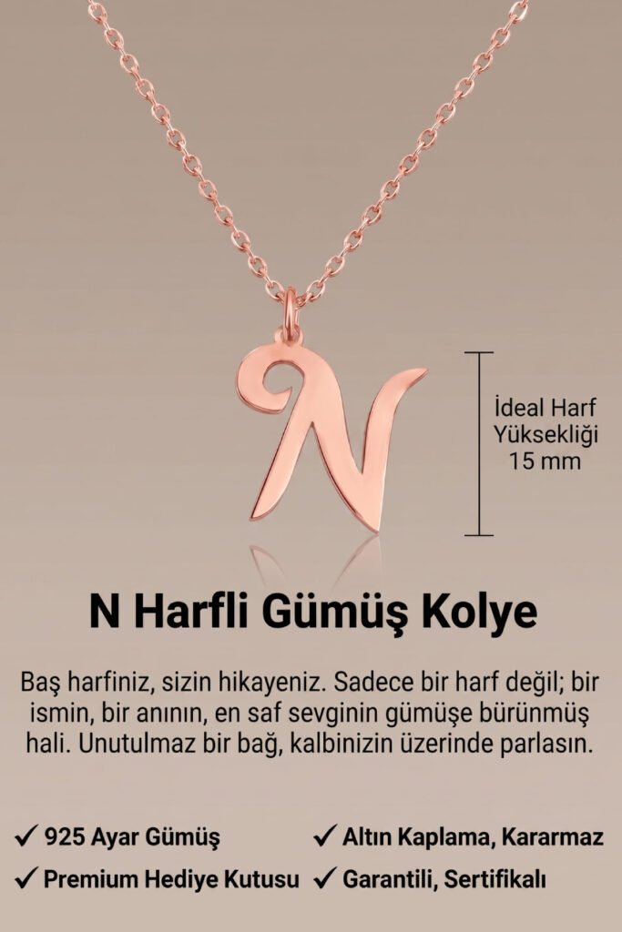 N Harfi 925 Ayar Gümüş Kolye | 18 Ayar Vermeil Premium Rose Altın Kaplama