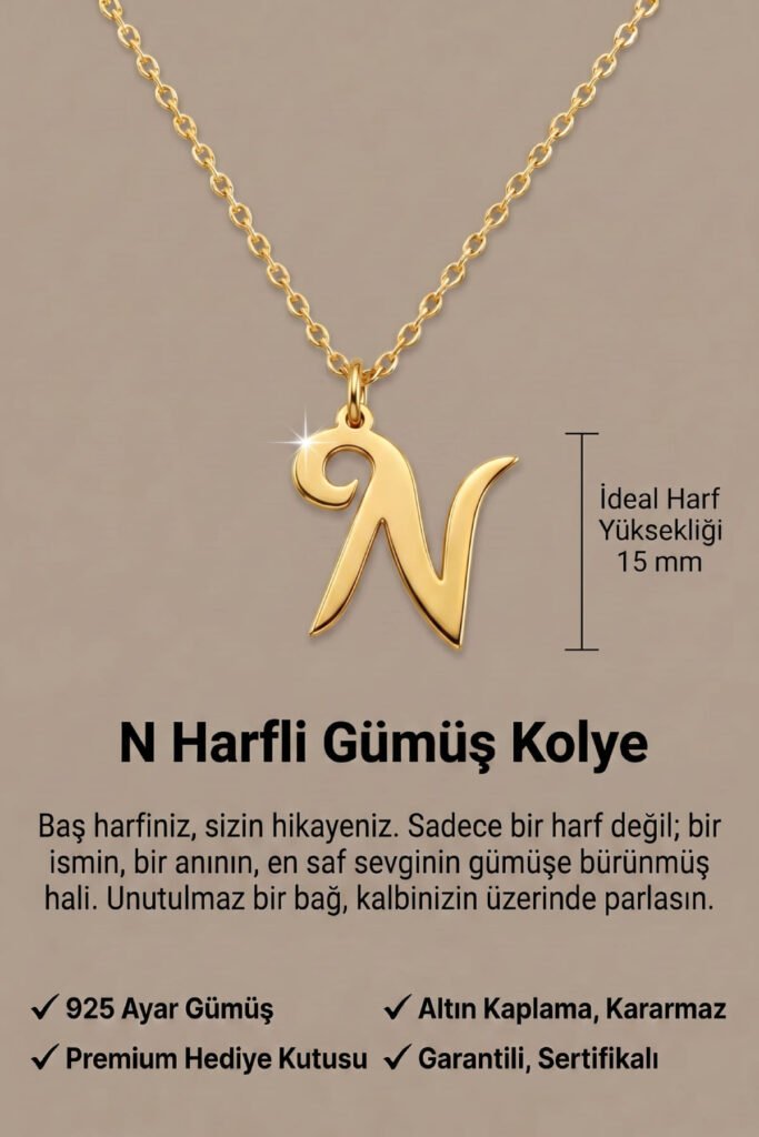 N Harfi 925 Ayar Gümüş Kolye | 18 Ayar Vermeil Premium Sarı Altın Kaplama
