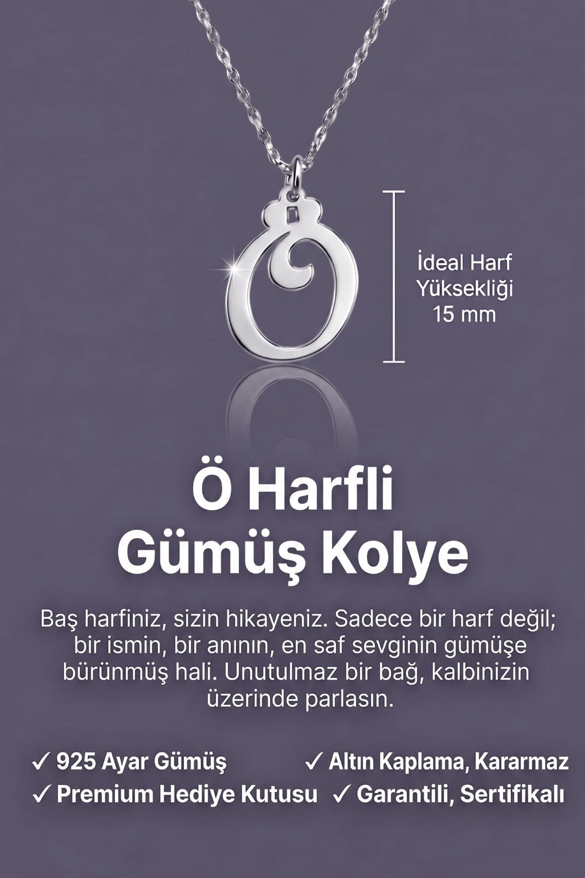 Jewelmim Ö Harfi Beyaz Altın Kaplama Gümüş Kolye Görünüm Detay Çekimi, doğum günü gümüş kolye hediyesi, özel tasarım gümüş kolyeler