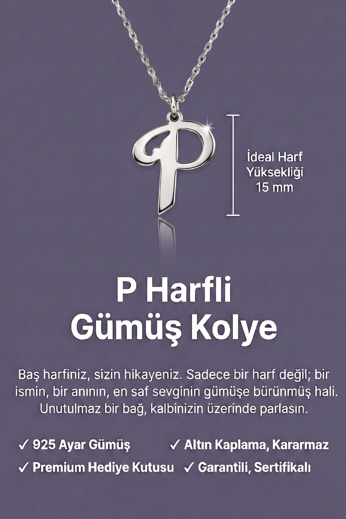 Jewelmim P Harfi Beyaz Altın Kaplama Gümüş Kolye Görünüm Detay Çekimi, doğum günü gümüş kolye hediyesi, özel tasarım gümüş kolyeler
