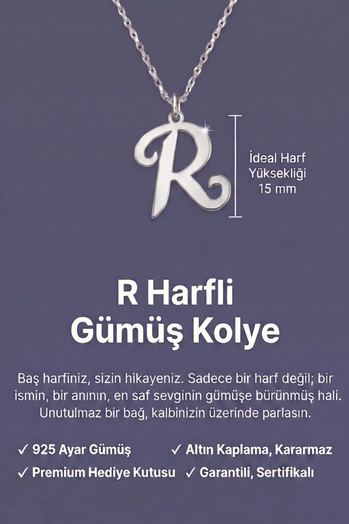 R Harfi 925 Ayar Gümüş Kolye | 18 Ayar Vermeil Premium Beyaz Altın Kaplama