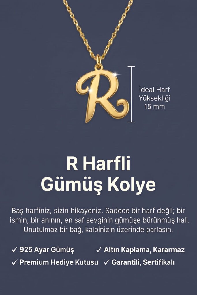 R Harfi 925 Ayar Gümüş Kolye | 18 Ayar Vermeil Premium Sarı Altın Kaplama