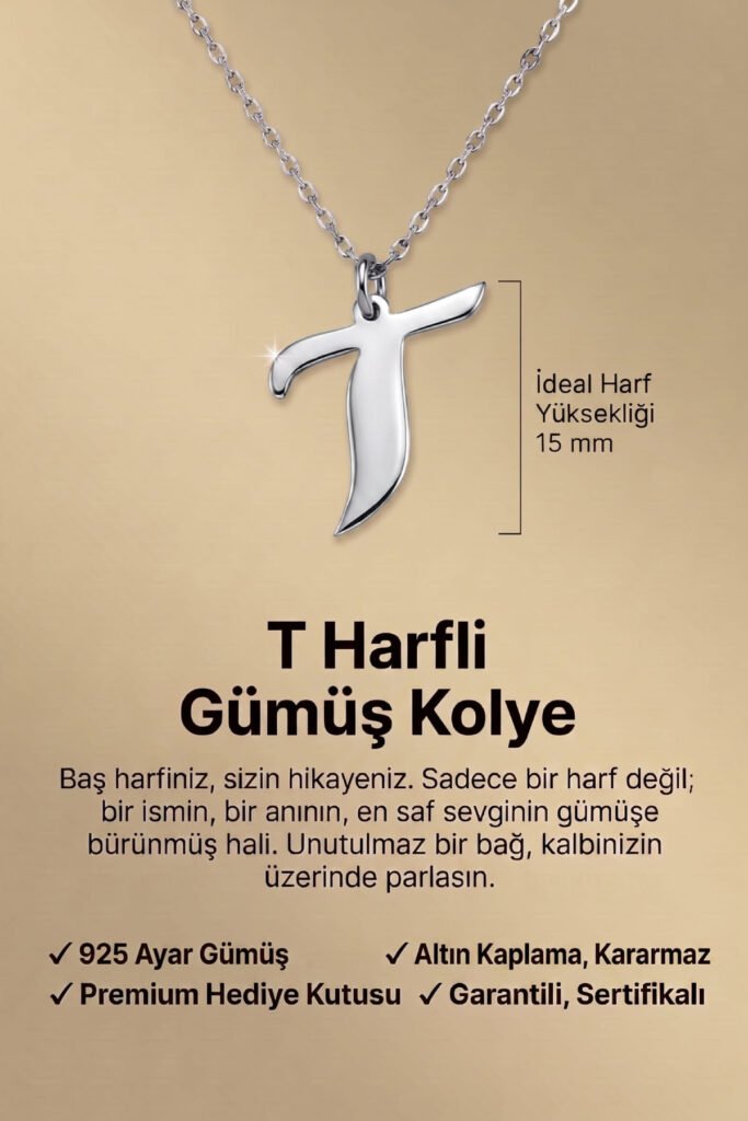 T Harfi 925 Ayar Gümüş Kolye | 18 Ayar Vermeil Premium Beyaz Altın Kaplama