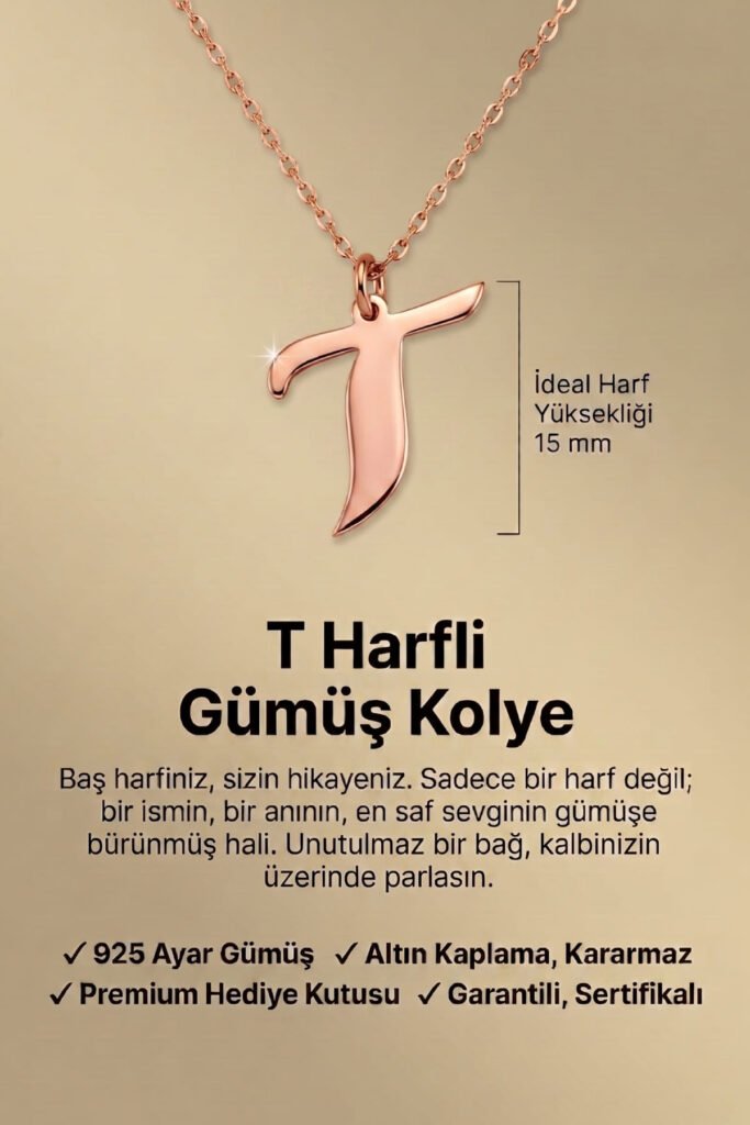 T Harfi 925 Ayar Gümüş Kolye | 18 Ayar Vermeil Premium Rose Altın Kaplama