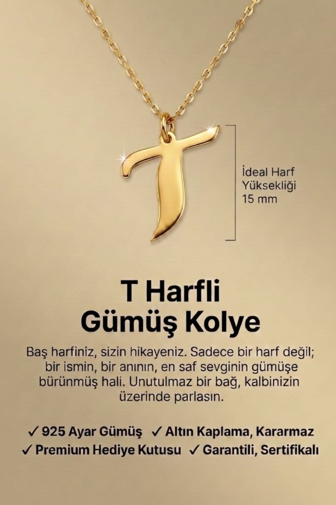 T Harfi 925 Ayar Gümüş Kolye | 18 Ayar Vermeil Premium Sarı Altın Kaplama