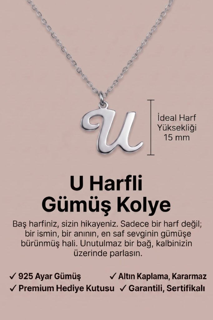 U Harfi 925 Ayar Gümüş Kolye | 18 Ayar Vermeil Premium Beyaz Altın Kaplama