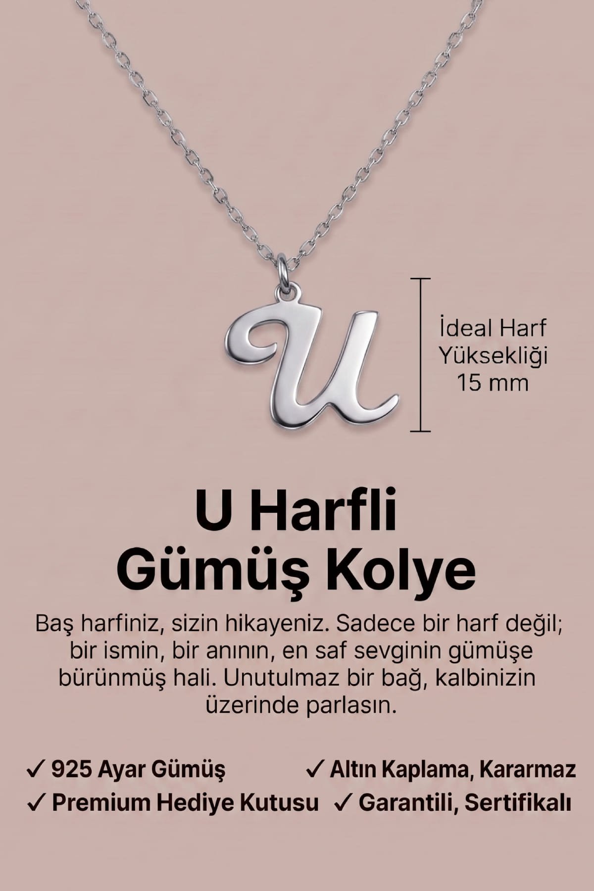 Jewelmim U Harfi Beyaz Altın Kaplama Gümüş Kolye Görünüm Detay Çekimi, doğum günü gümüş kolye hediyesi, özel tasarım gümüş kolyeler