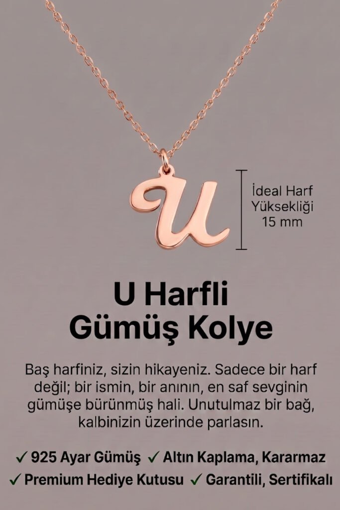 U Harfi 925 Ayar Gümüş Kolye | 18 Ayar Vermeil Premium Rose Altın Kaplama