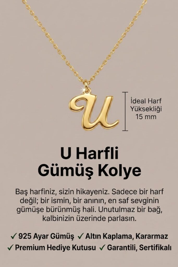U Harfi 925 Ayar Gümüş Kolye | 18 Ayar Vermeil Premium Sarı Altın Kaplama