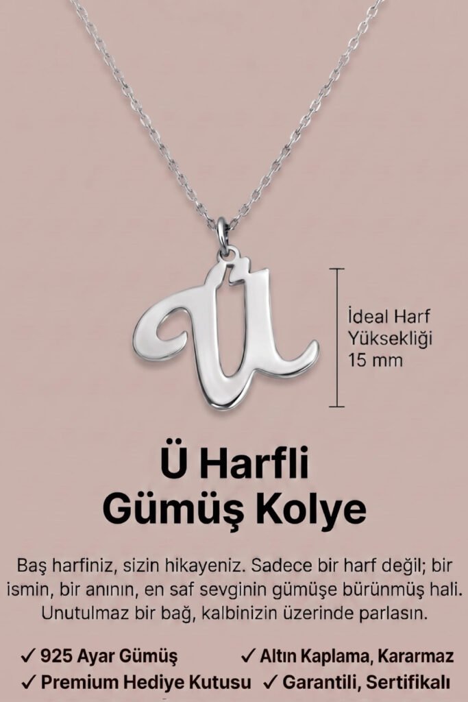 Ü Harfi 925 Ayar Gümüş Kolye | 18 Ayar Vermeil Premium Beyaz Altın Kaplama