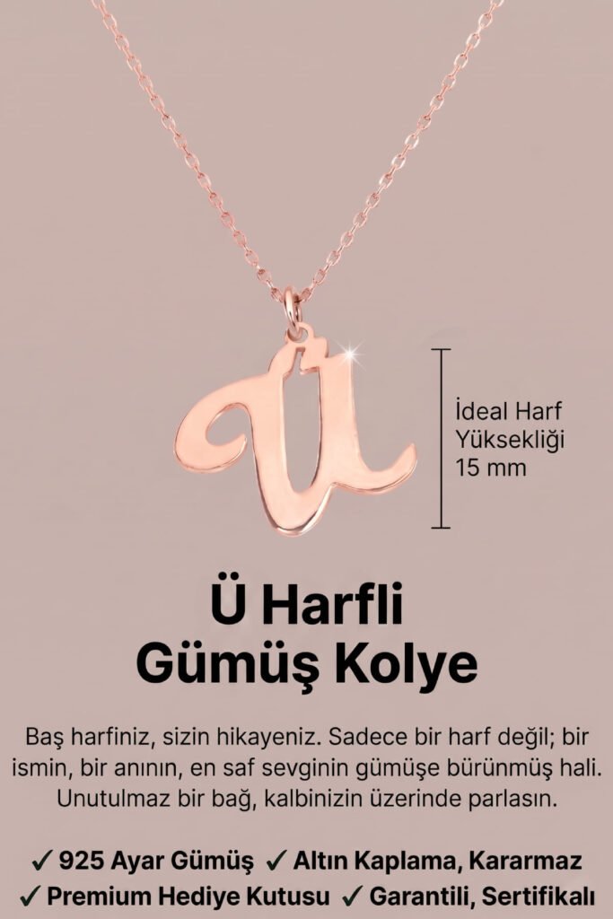 Ü Harfi 925 Ayar Gümüş Kolye | 18 Ayar Vermeil Premium Rose Altın Kaplama
