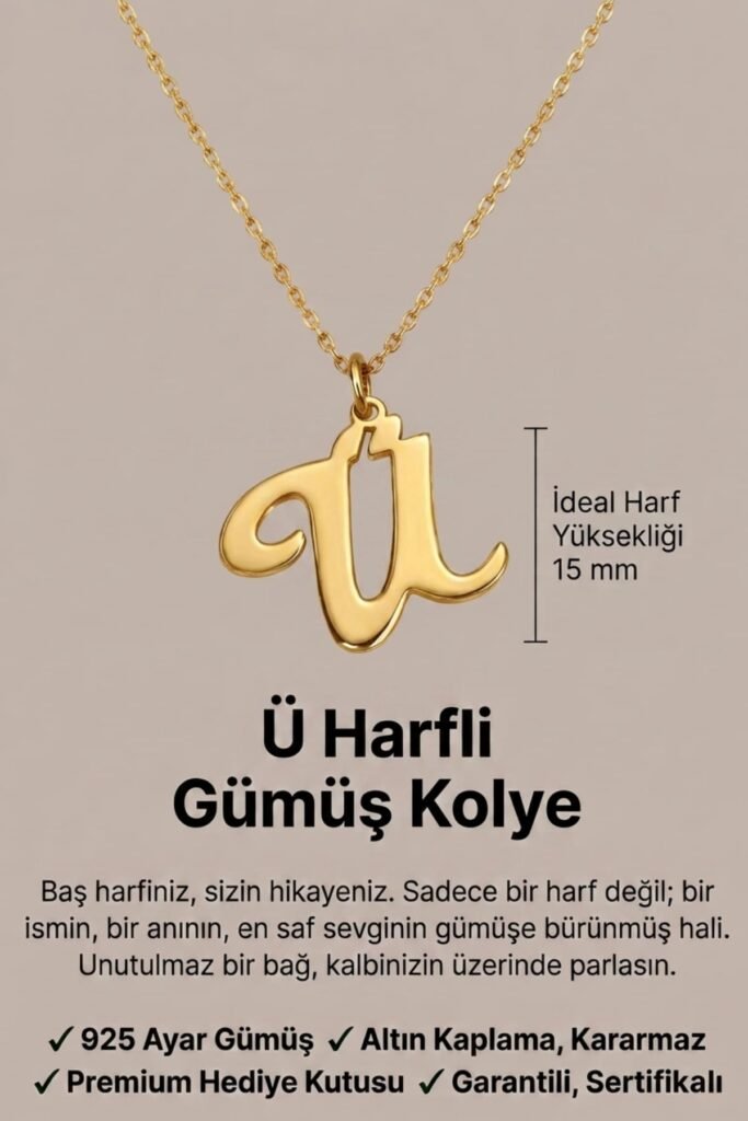 Ü Harfi 925 Ayar Gümüş Kolye | 18 Ayar Vermeil Premium Sarı Altın Kaplama