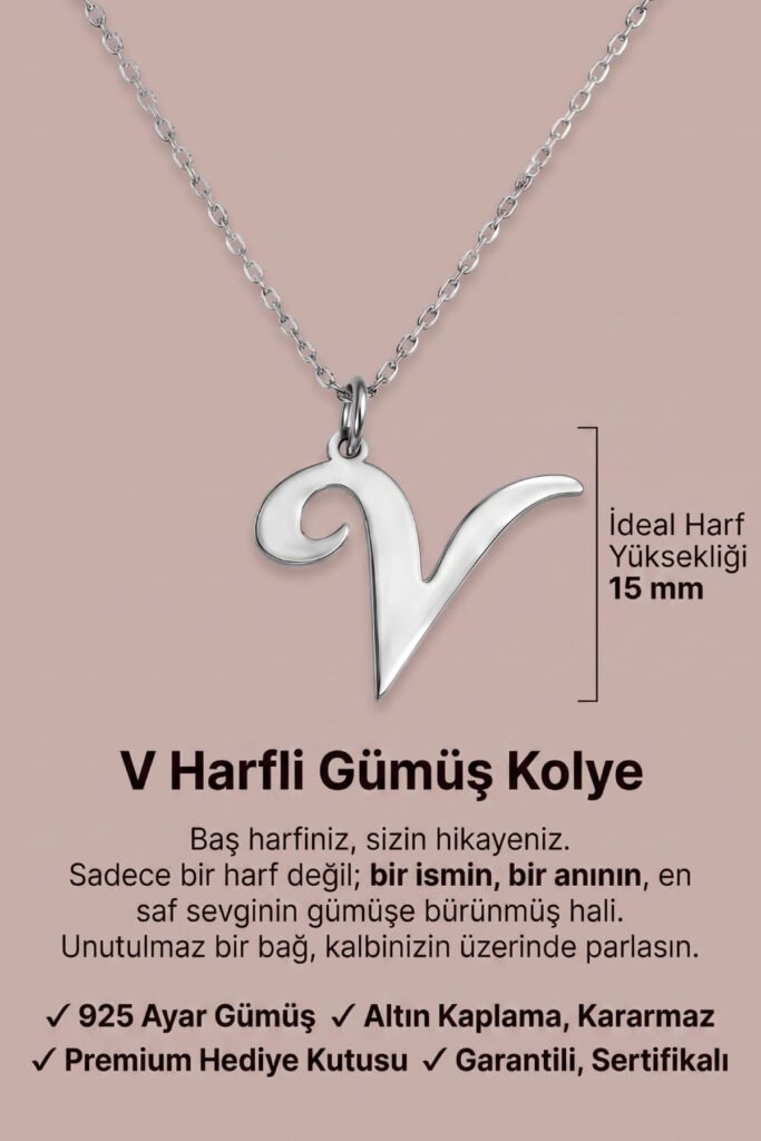 V Harfi 925 Ayar Gümüş Kolye | 18 Ayar Vermeil Premium Beyaz Altın Kaplama