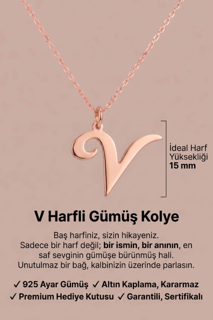 V Harfi 925 Ayar Gümüş Kolye | 18 Ayar Vermeil Premium Rose Altın Kaplama