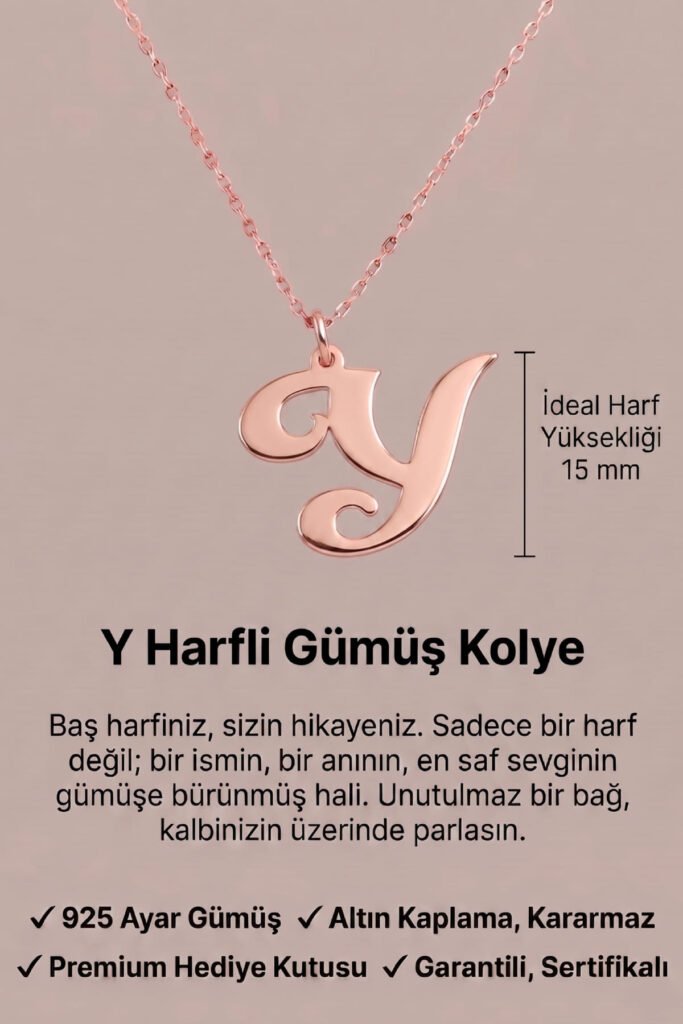 Y Harfi 925 Ayar Gümüş Kolye | 18 Ayar Vermeil Premium Rose Altın Kaplama