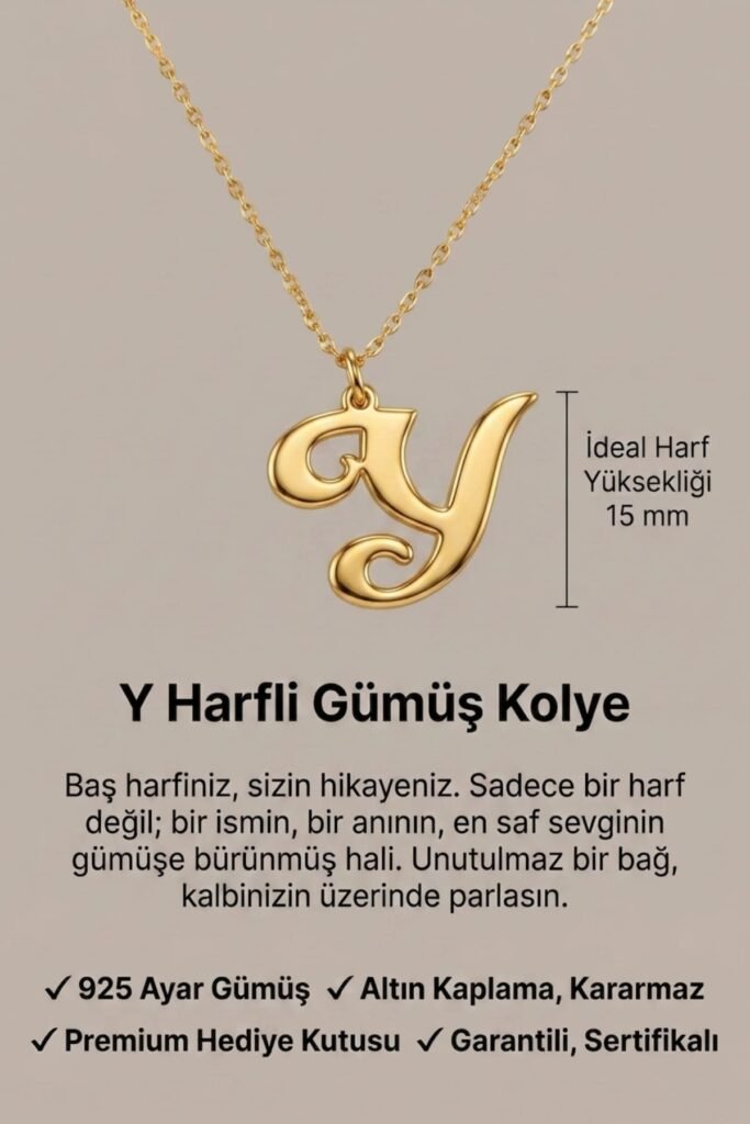Y Harfi 925 Ayar Gümüş Kolye | 18 Ayar Vermeil Premium Sarı Altın Kaplama