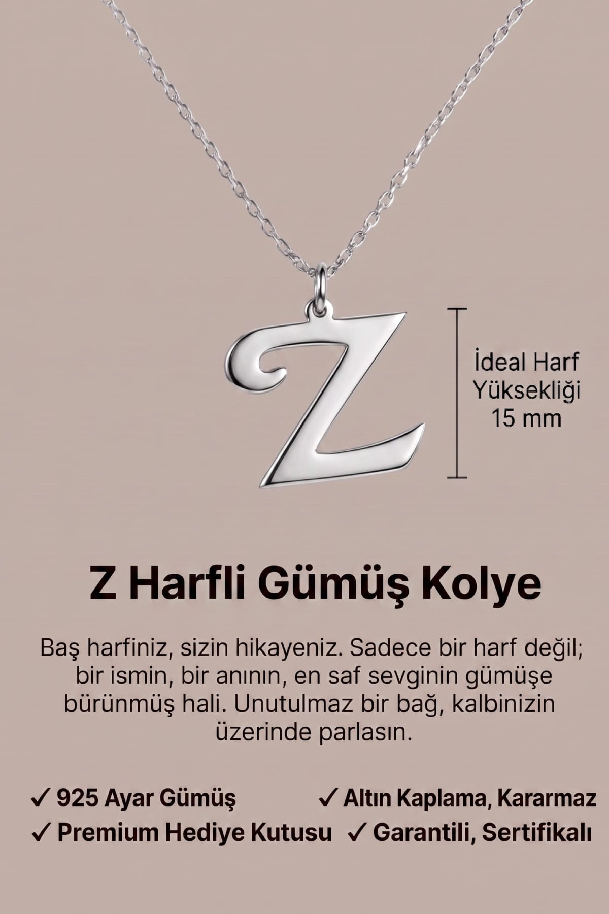 Jewelmim Z Harfi Beyaz Altın Kaplama Gümüş Kolye Görünüm Detay Çekimi, doğum günü gümüş kolye hediyesi, özel tasarım gümüş kolyeler
