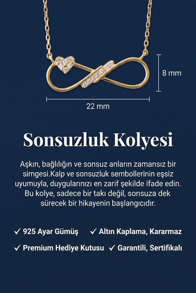 Kalpli Sonsuzluk Aşk 925 Ayar Gümüş Kolye | 18 Ayar Vermeil Premium Sarı Altın Kaplama