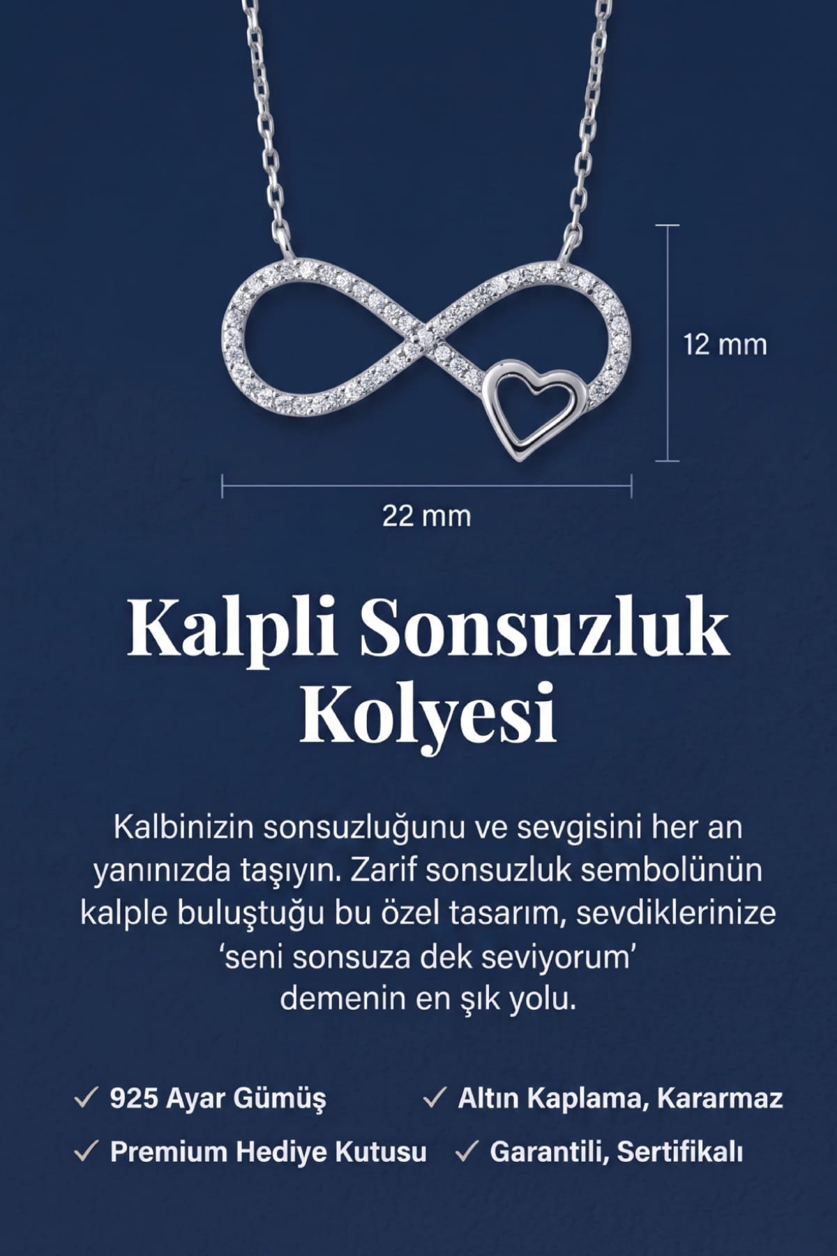 Jewelmim Kalpli Sonsuzluk Beyaz Altın Kaplama Gümüş Kolye Duruş Detay Çekimi, anneye gümüş kolye hediyesi, zarif gümüş kolye modelleri
