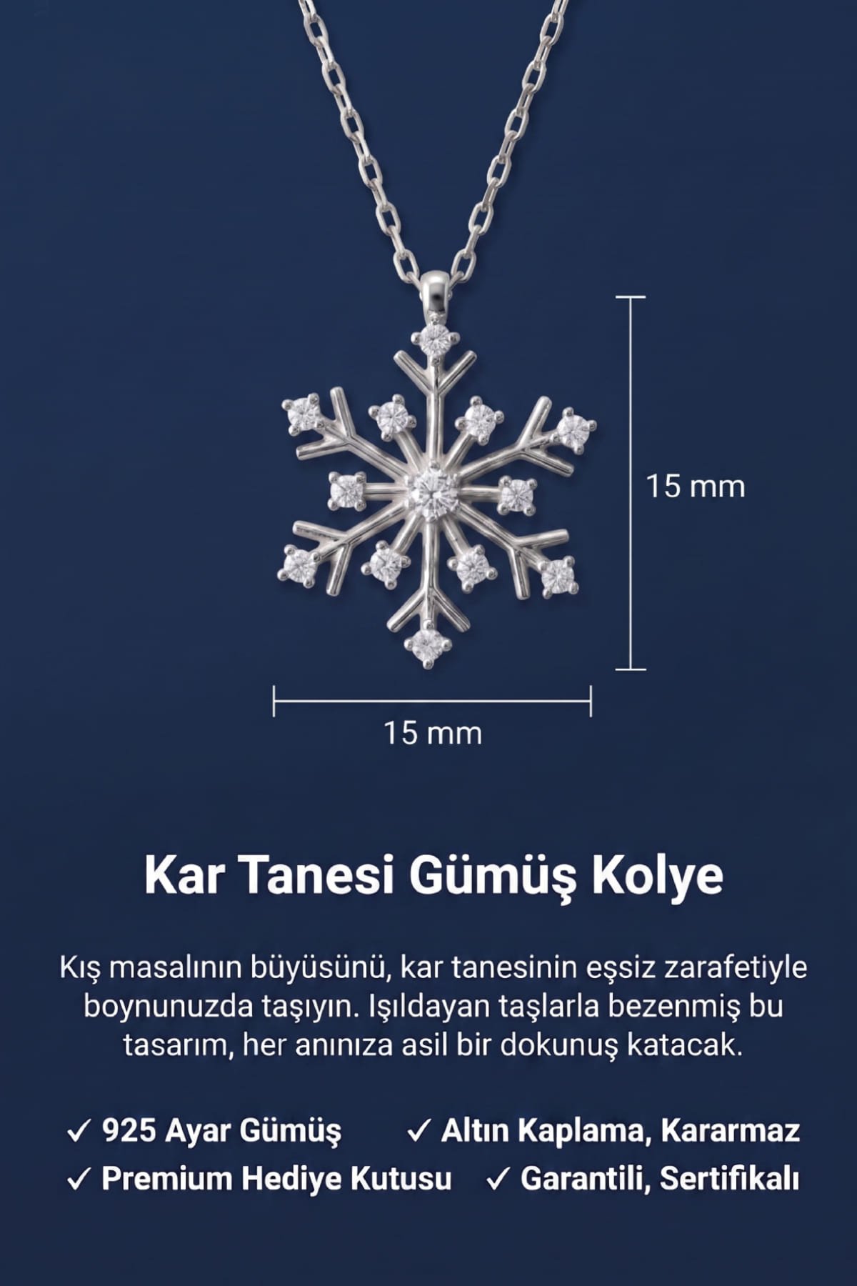 Jewelmim Kar Tanesi Beyaz Altın Kaplama Gümüş Kolye Duruş Detay Çekimi, anneye gümüş kolye hediyesi, zarif gümüş kolye modelleri