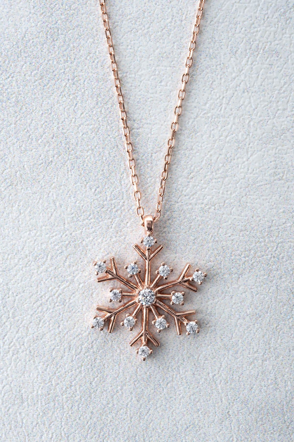 Jewelmim Kar Tanesi Rose Altın Kaplama Gümüş Kolye, şık gümüş kolye modelleri, sevgiliye gümüş kolye hediyesi