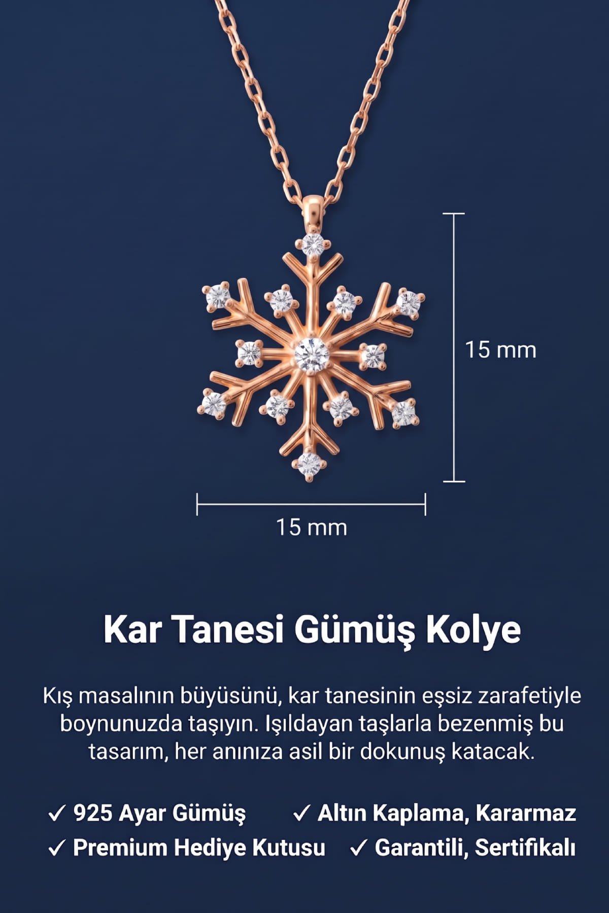 Jewelmim Kar Tanesi Rose Altın Kaplama Gümüş Kolye Duruş Detay Çekimi, anneye gümüş kolye hediyesi, zarif gümüş kolye modelleri