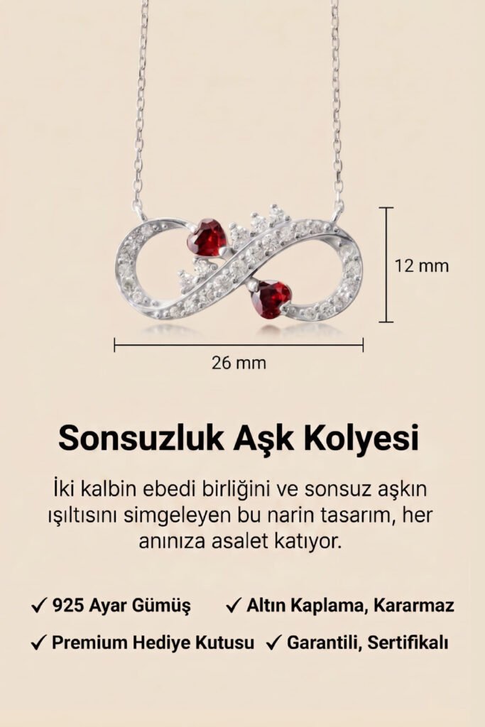 Kırmızı Kalpli Sonsuzluk 925 Ayar Gümüş Kolye | 18 Ayar Vermeil Premium Beyaz Altın Kaplama