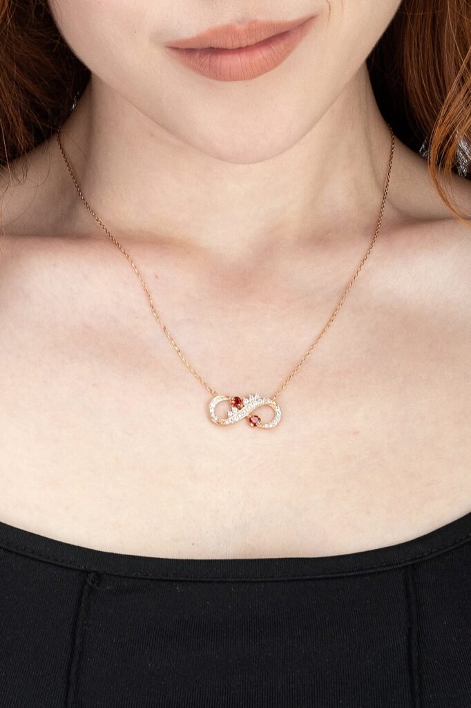 Kırmızı Kalpli Sonsuzluk 925 Ayar Gümüş Kolye | 18 Ayar Vermeil Premium Rose Altın Kaplama