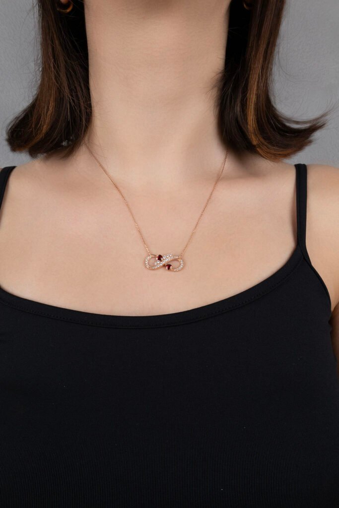Kırmızı Kalpli Sonsuzluk 925 Ayar Gümüş Kolye | 18 Ayar Vermeil Premium Rose Altın Kaplama