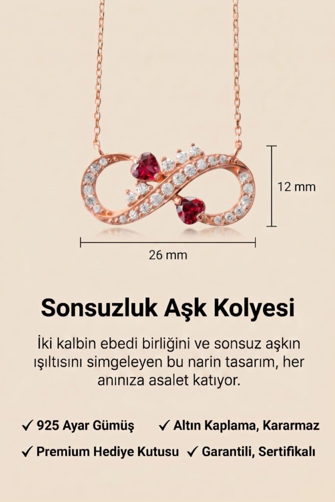 Kırmızı Kalpli Sonsuzluk 925 Ayar Gümüş Kolye | 18 Ayar Vermeil Premium Rose Altın Kaplama